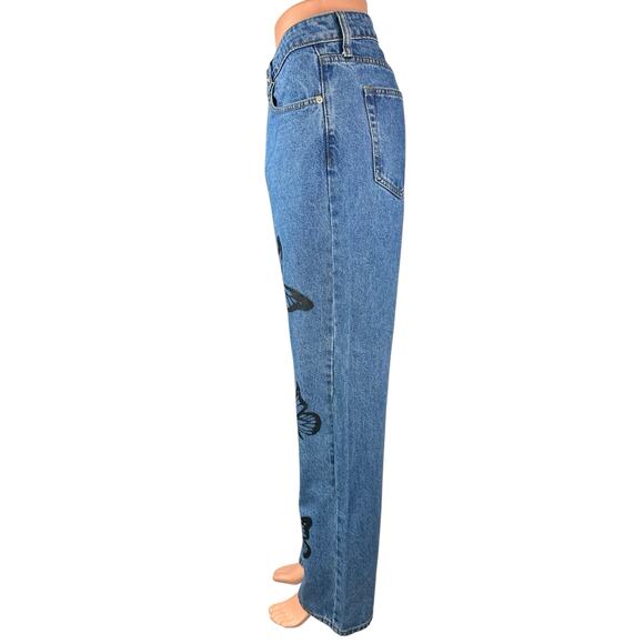 Princess Polly Women's Blue Butterflies Print Wide Leg High Waist Denim Jeans 12 - Picture 2 of 7